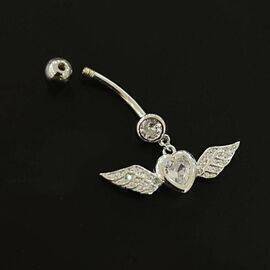 Belly Button Crystal Heart and Wings Silver