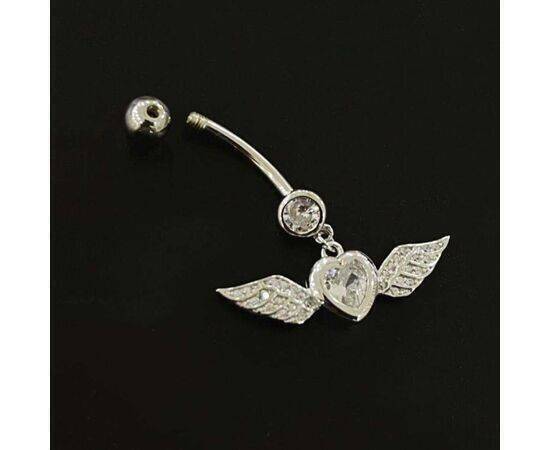 Belly Piercing Crystal Heart And Wings Silver 