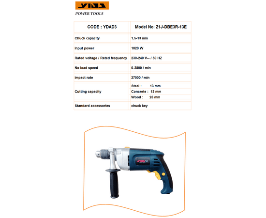 YIDA - Impact Drill with Hammer 1020W