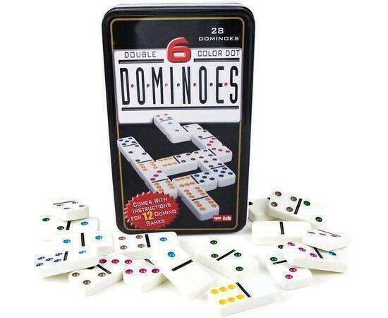 Double 6 Color Dot Dominoes in Tin Box - 28 Dominoes