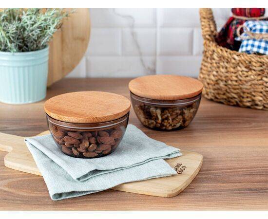 MADAME COCO -  Storage Box With Wooden Lid 460Ml 2Pcs 