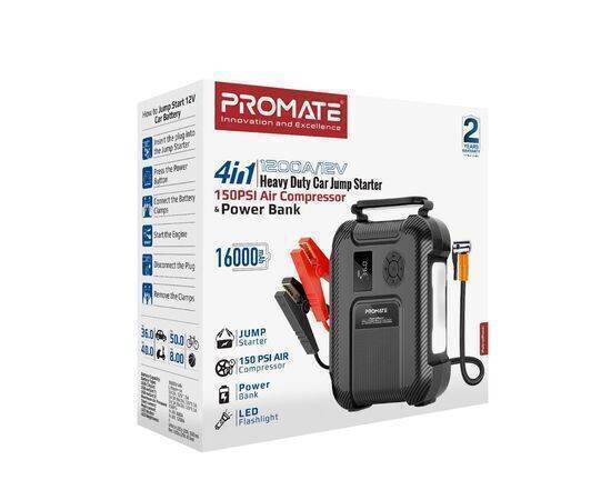 Promate PatrolPack Jump Starter, Power Bank with 16000mAh Capacity, 150PSI Air Pump