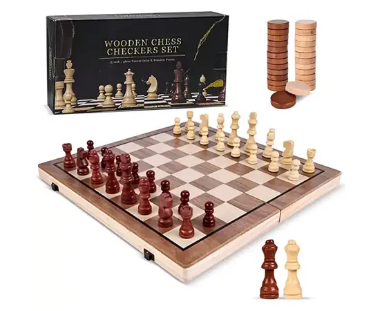 Foldable Wooden Chess and Checkers Set